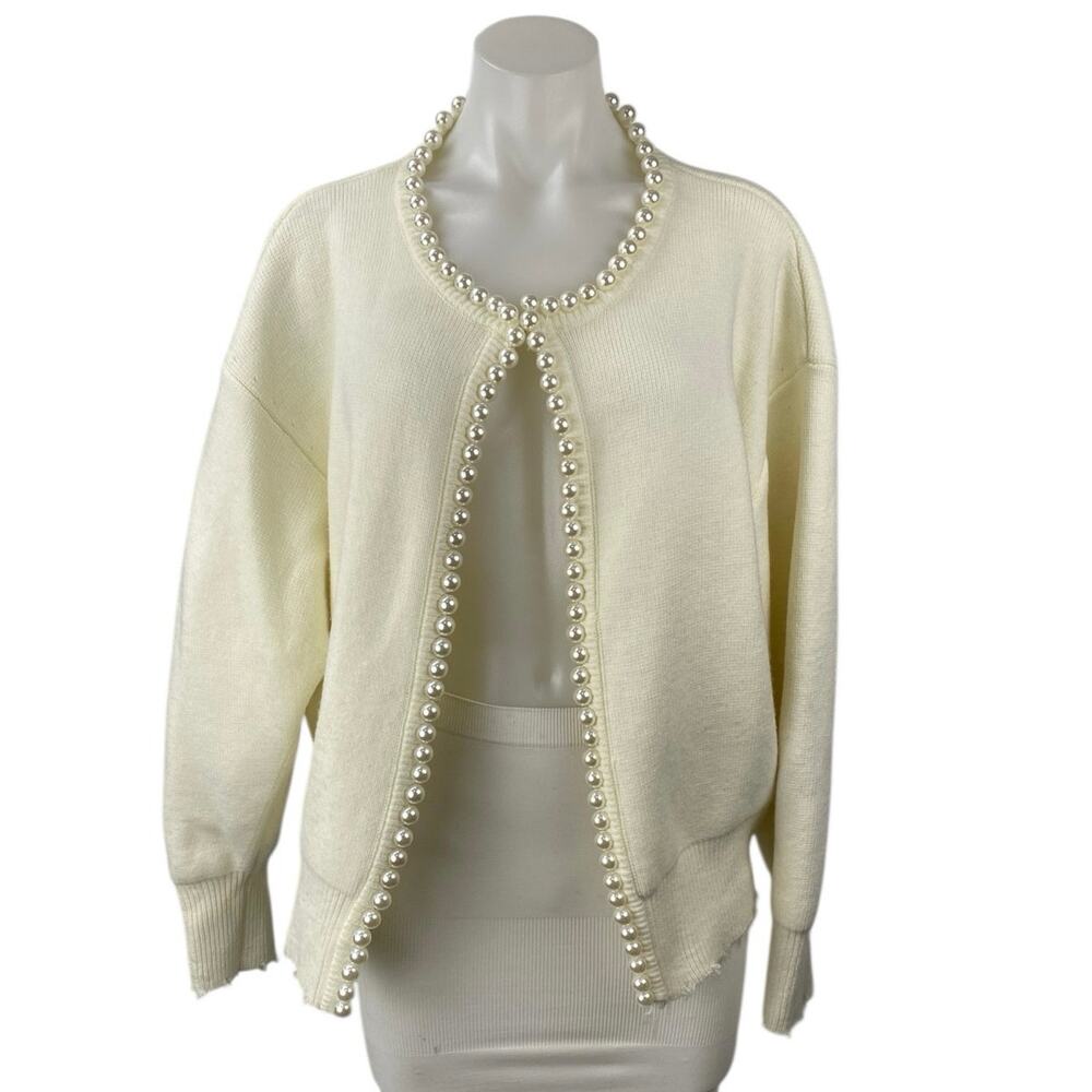 Commense Cream White Pearl Open Front Long Sleeve Knit Cardigan Sweater Top Sz L